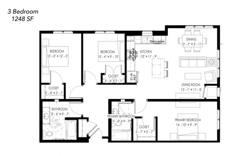 Floor plan for 3 beds, 2 baths, 1292 sqft